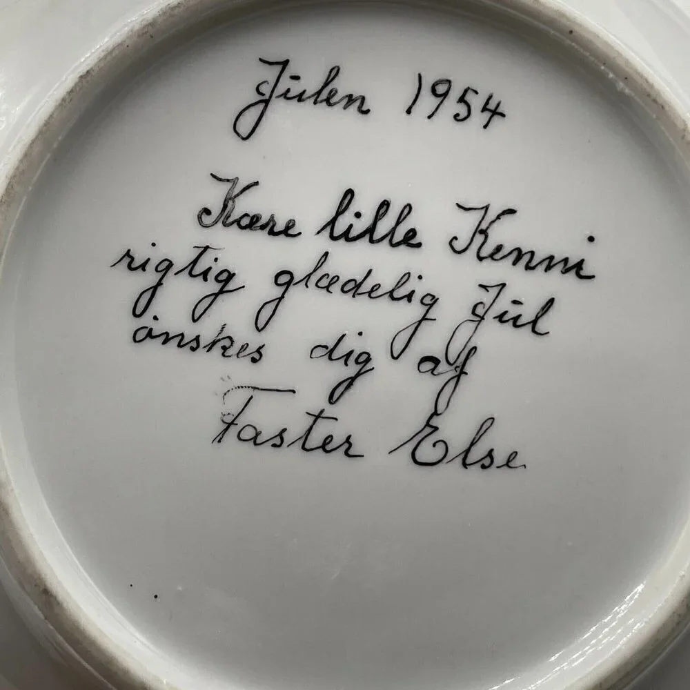 Vintage Signed 1954 Denmark Ceramic Hand Painted Blue Rim Child's Plate Bowl Set